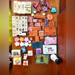 74 ink stamps various styles and various ink stamp pads, new ink refill bottle